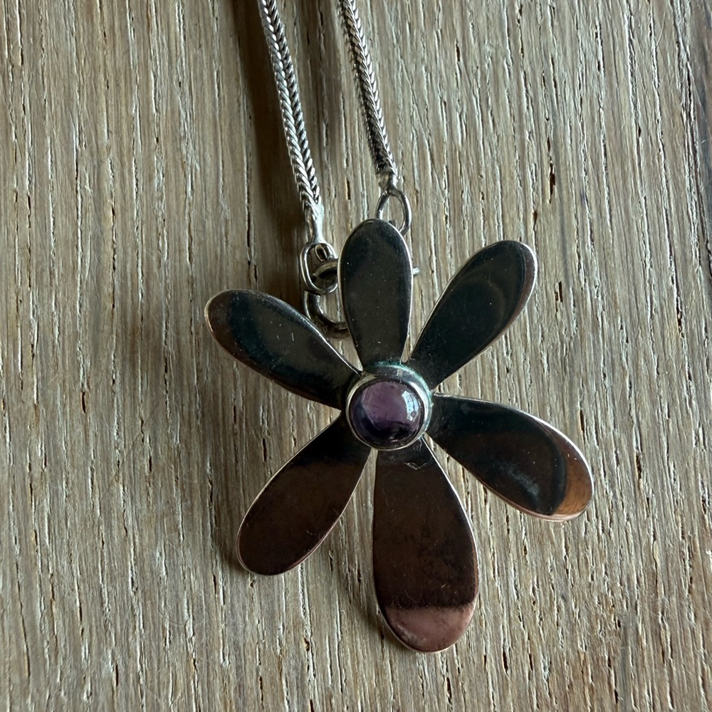 Sterling Silver Flower Pendant Necklace with Purple Center